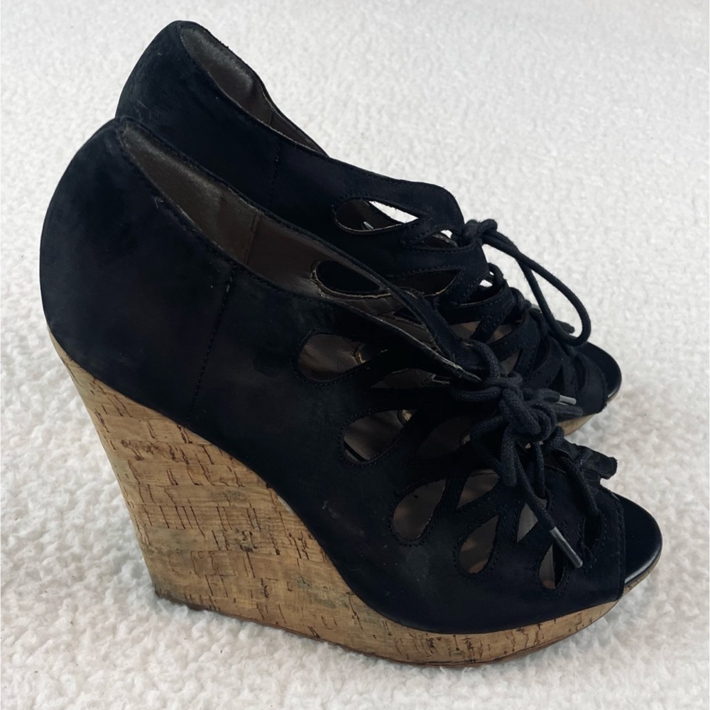 HINGE • Lea Black Suede Leather Lace-Up Cork Sandal Wedges, 8 - Picture 7 of 16